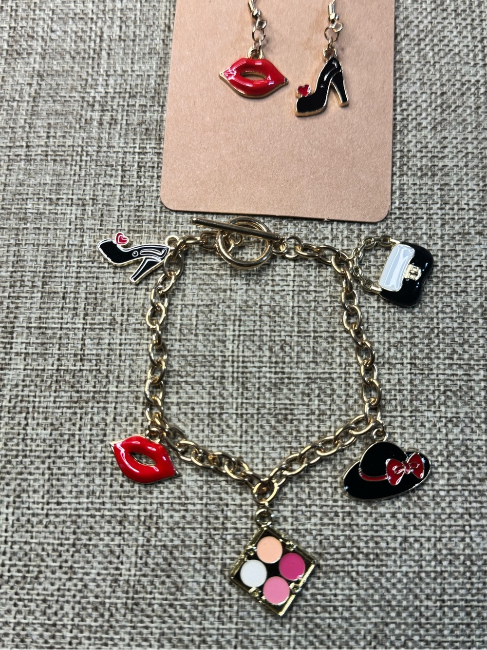Handmade Gold Charm Bracelet & earrings set with Red and Black Fashion Charms